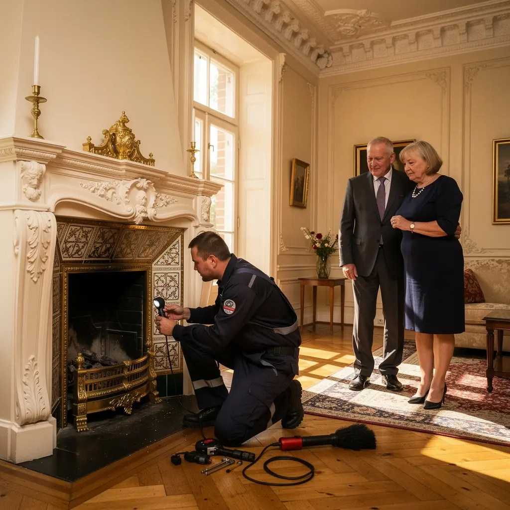 Skursteņa iekšējā daļa pirms un pēc kreozota noņemšanas ar kameru.